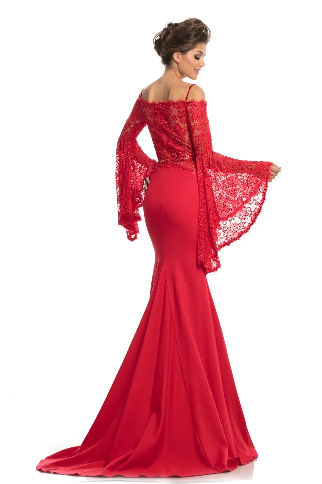 Johnathan Kayne 7244 Size 2 Pink Lace Bell Sleeve Off Shoulder Prom Dress Pageant Gown Embellished