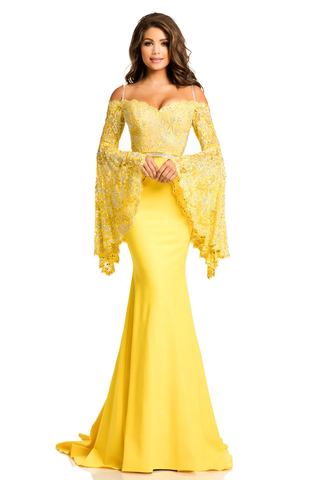 Johnathan Kayne 7244 Size 2 Pink Lace Bell Sleeve Off Shoulder Prom Dress Pageant Gown Embellished
