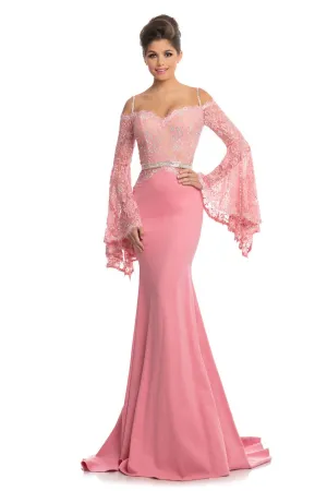 Johnathan Kayne 7244 Size 2 Pink Lace Bell Sleeve Off Shoulder Prom Dress Pageant Gown Embellished