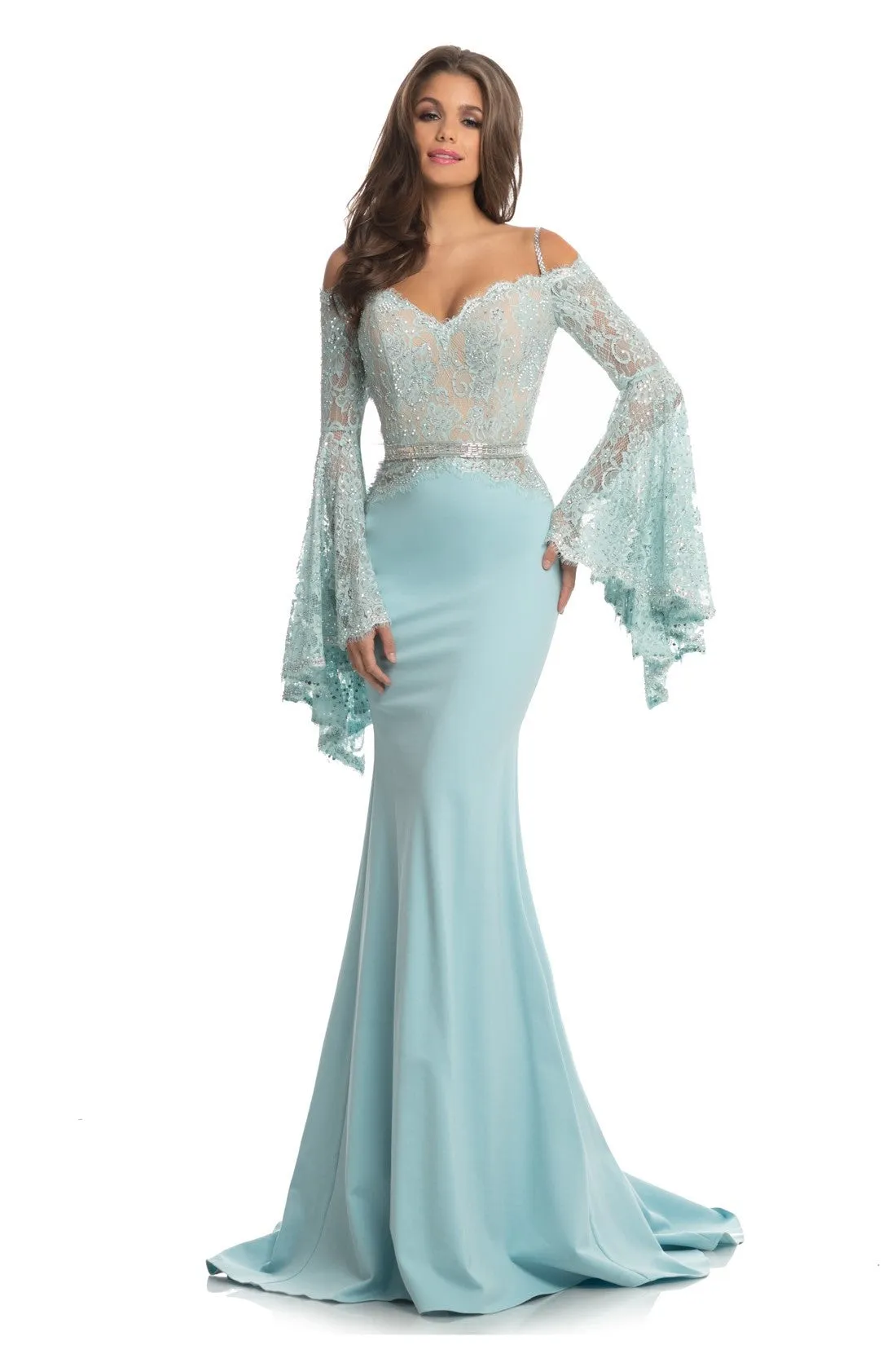 Johnathan Kayne 7244 Size 2 Pink Lace Bell Sleeve Off Shoulder Prom Dress Pageant Gown Embellished