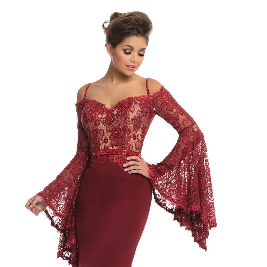 Johnathan Kayne 7244 Size 2 Pink Lace Bell Sleeve Off Shoulder Prom Dress Pageant Gown Embellished