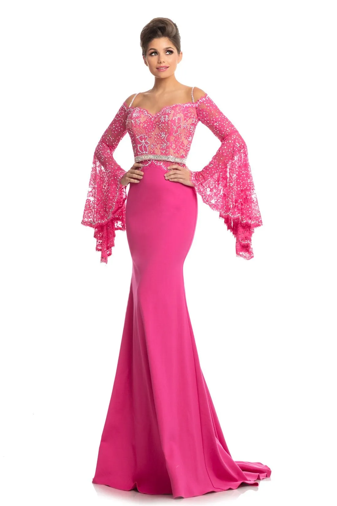 Johnathan Kayne 7244 Size 2 Pink Lace Bell Sleeve Off Shoulder Prom Dress Pageant Gown Embellished