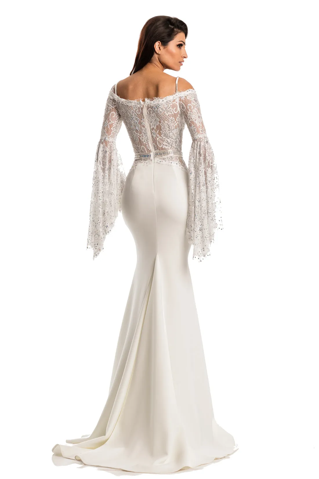 Johnathan Kayne 7244 Size 2 Pink Lace Bell Sleeve Off Shoulder Prom Dress Pageant Gown Embellished