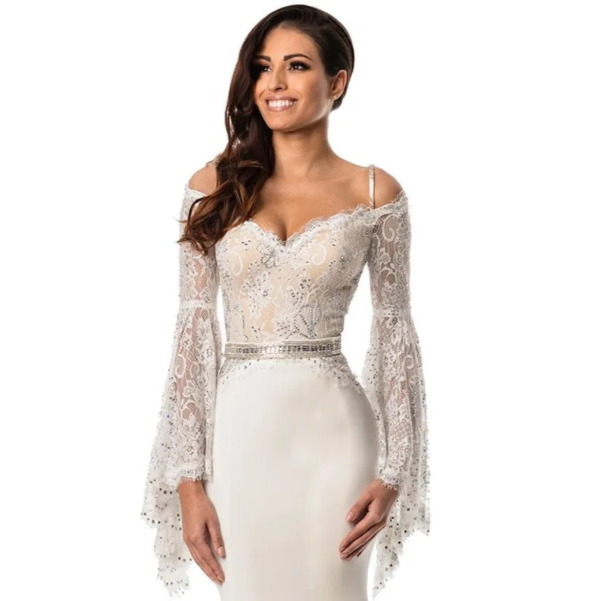 Johnathan Kayne 7244 Size 2 Pink Lace Bell Sleeve Off Shoulder Prom Dress Pageant Gown Embellished