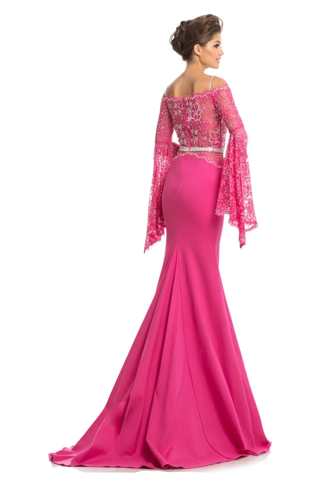 Johnathan Kayne 7244 Size 2 Pink Lace Bell Sleeve Off Shoulder Prom Dress Pageant Gown Embellished