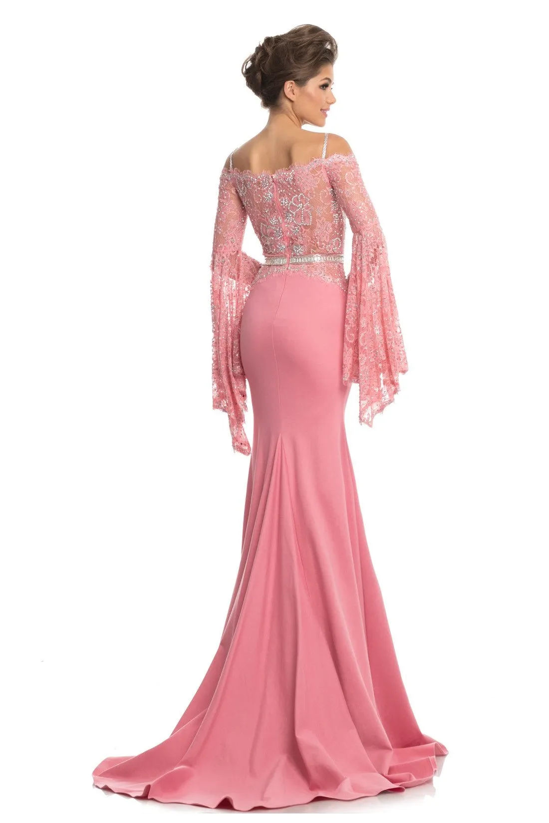 Johnathan Kayne 7244 Size 2 Pink Lace Bell Sleeve Off Shoulder Prom Dress Pageant Gown Embellished