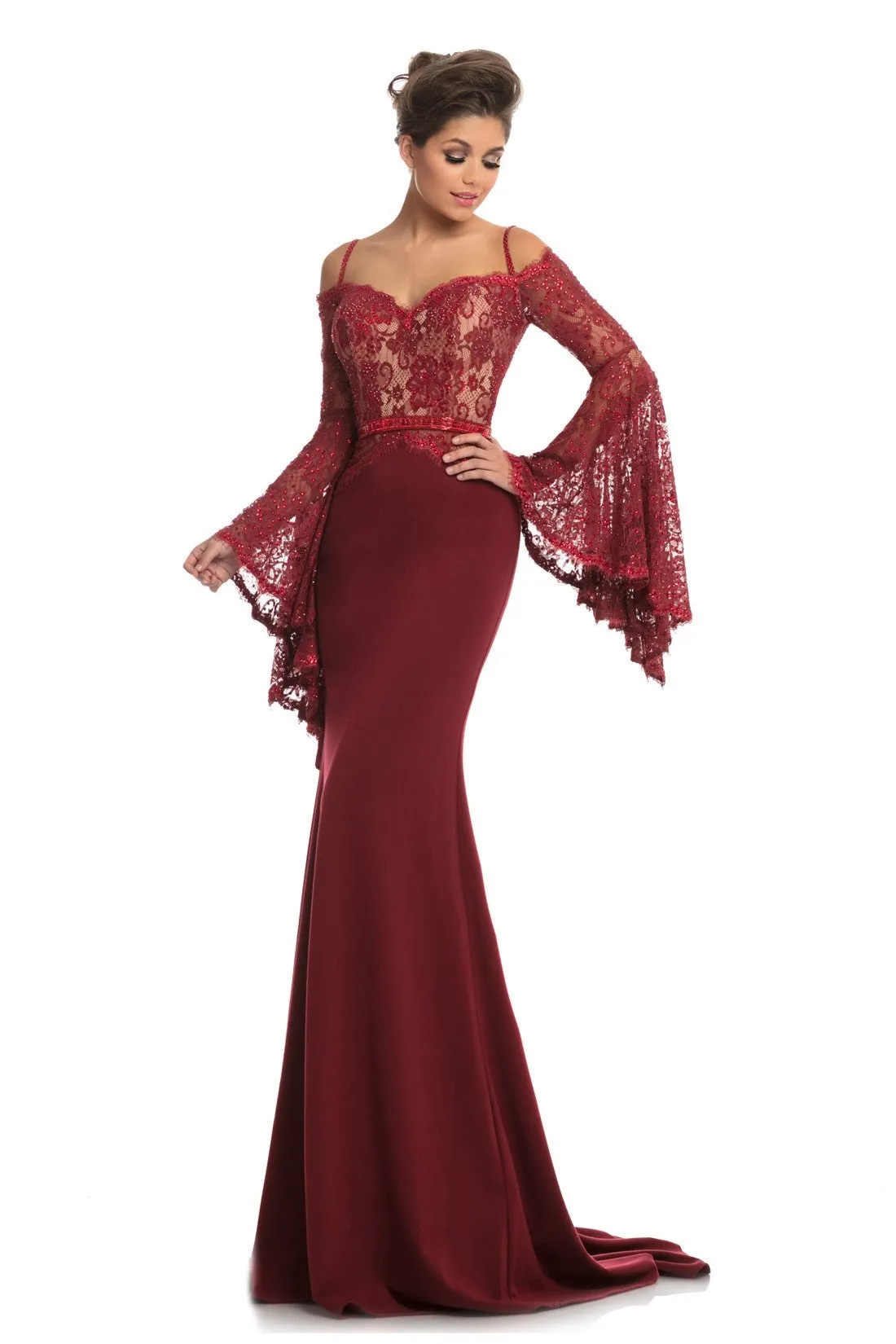 Johnathan Kayne 7244 Size 2 Pink Lace Bell Sleeve Off Shoulder Prom Dress Pageant Gown Embellished