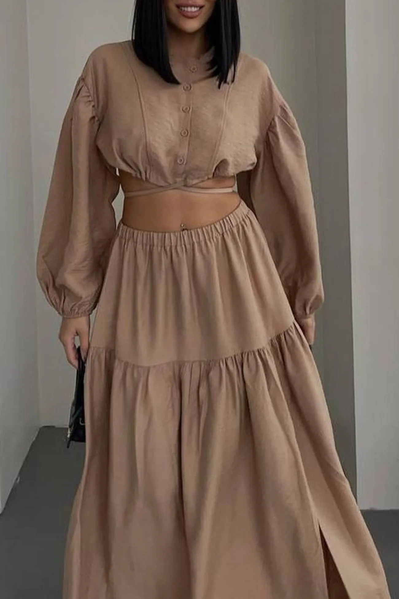 Joskaa Tie-up Crop Top Tiered Midi Skirt Suits