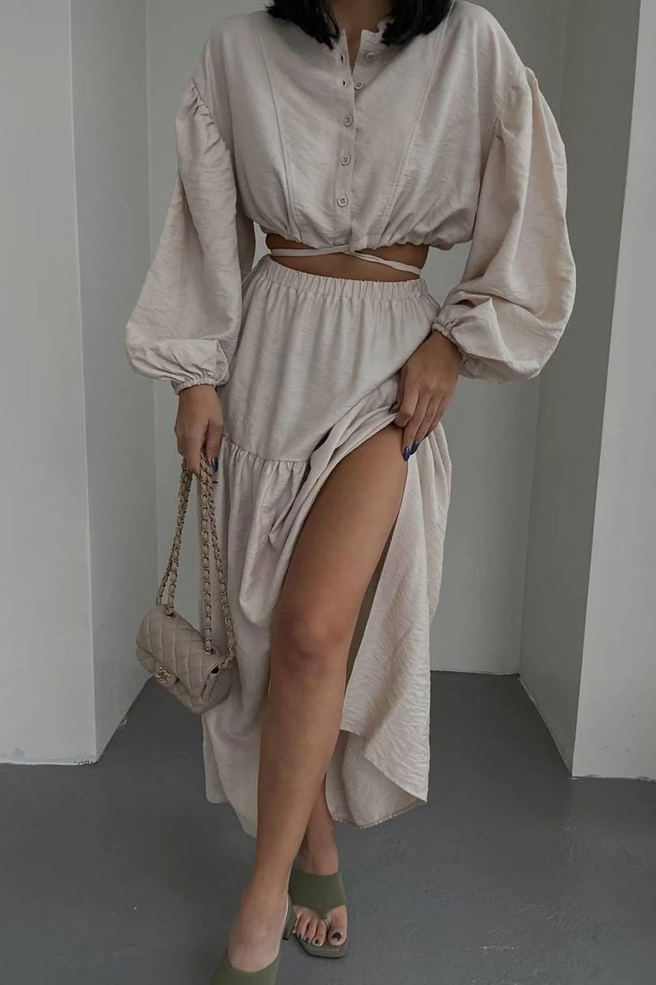 Joskaa Tie-up Crop Top Tiered Midi Skirt Suits