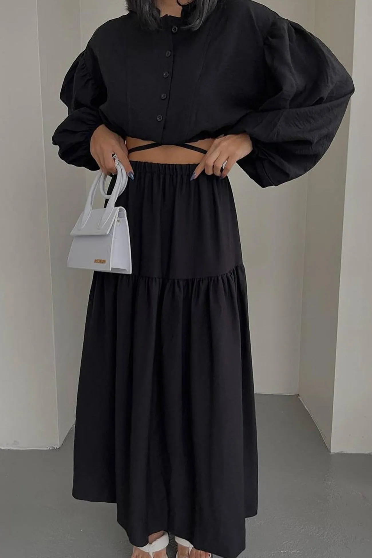 Joskaa Tie-up Crop Top Tiered Midi Skirt Suits