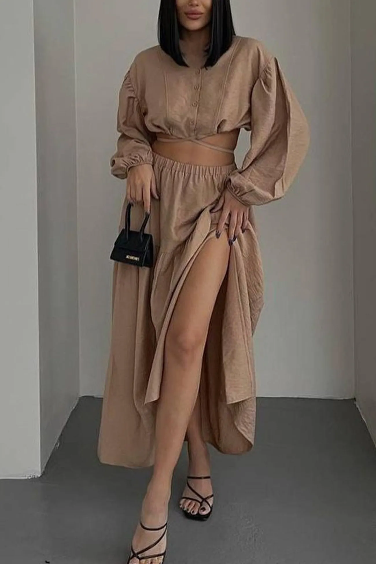 Joskaa Tie-up Crop Top Tiered Midi Skirt Suits