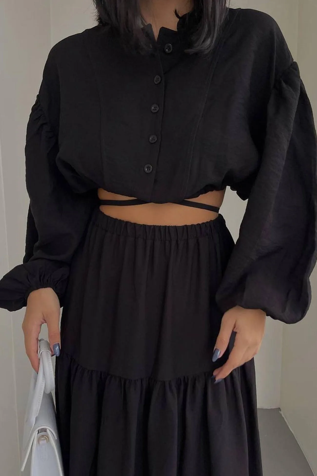 Joskaa Tie-up Crop Top Tiered Midi Skirt Suits