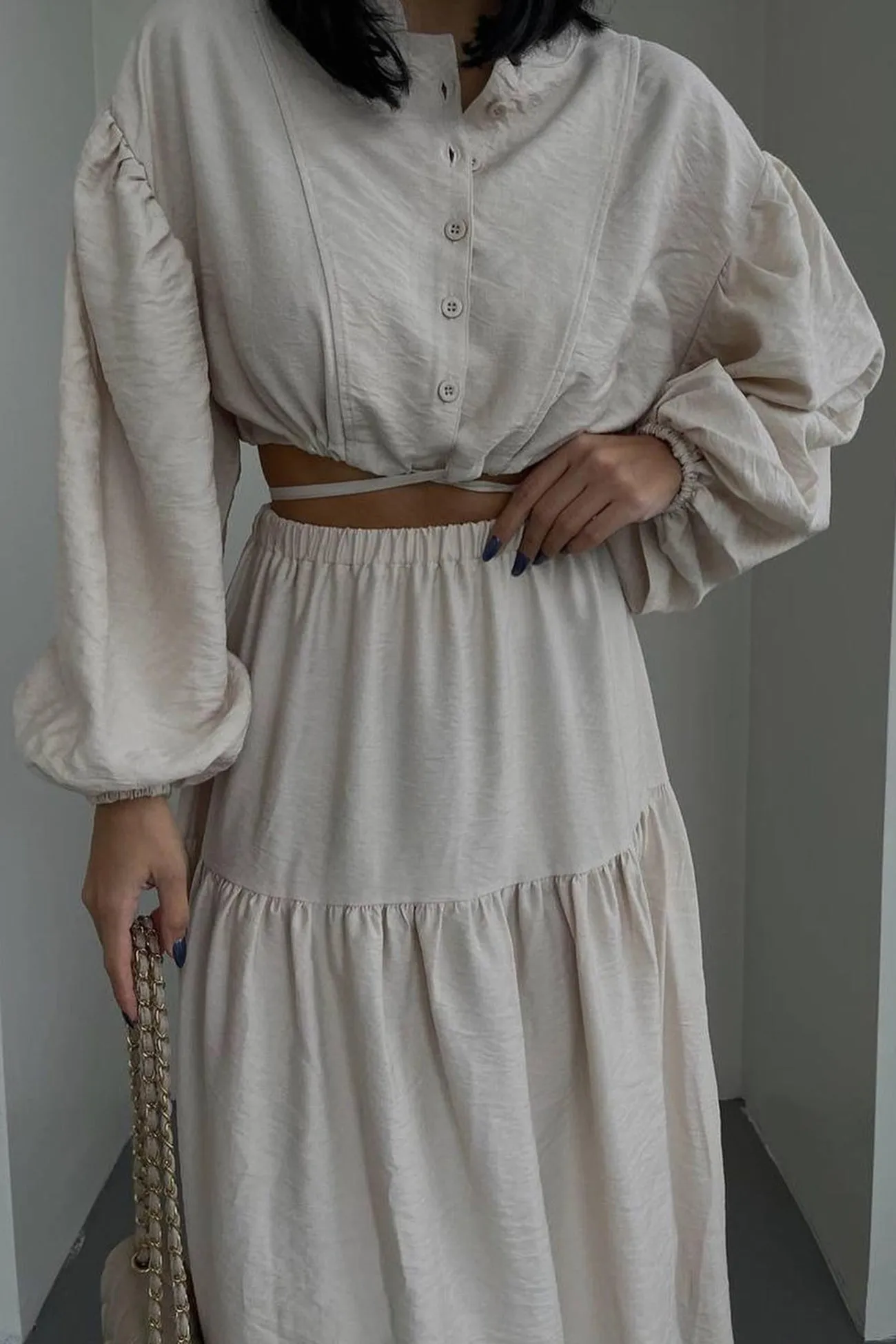 Joskaa Tie-up Crop Top Tiered Midi Skirt Suits