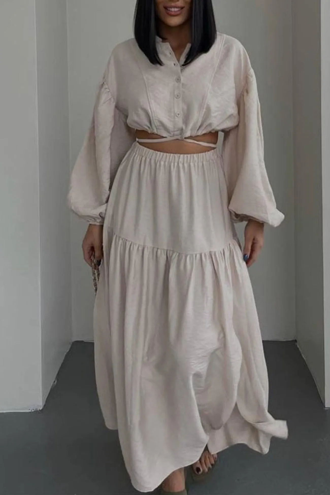Joskaa Tie-up Crop Top Tiered Midi Skirt Suits