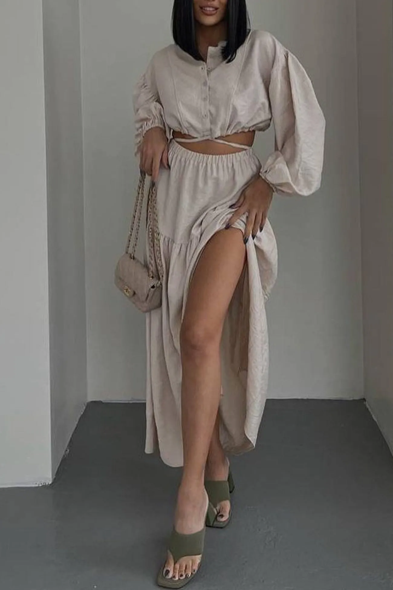 Joskaa Tie-up Crop Top Tiered Midi Skirt Suits