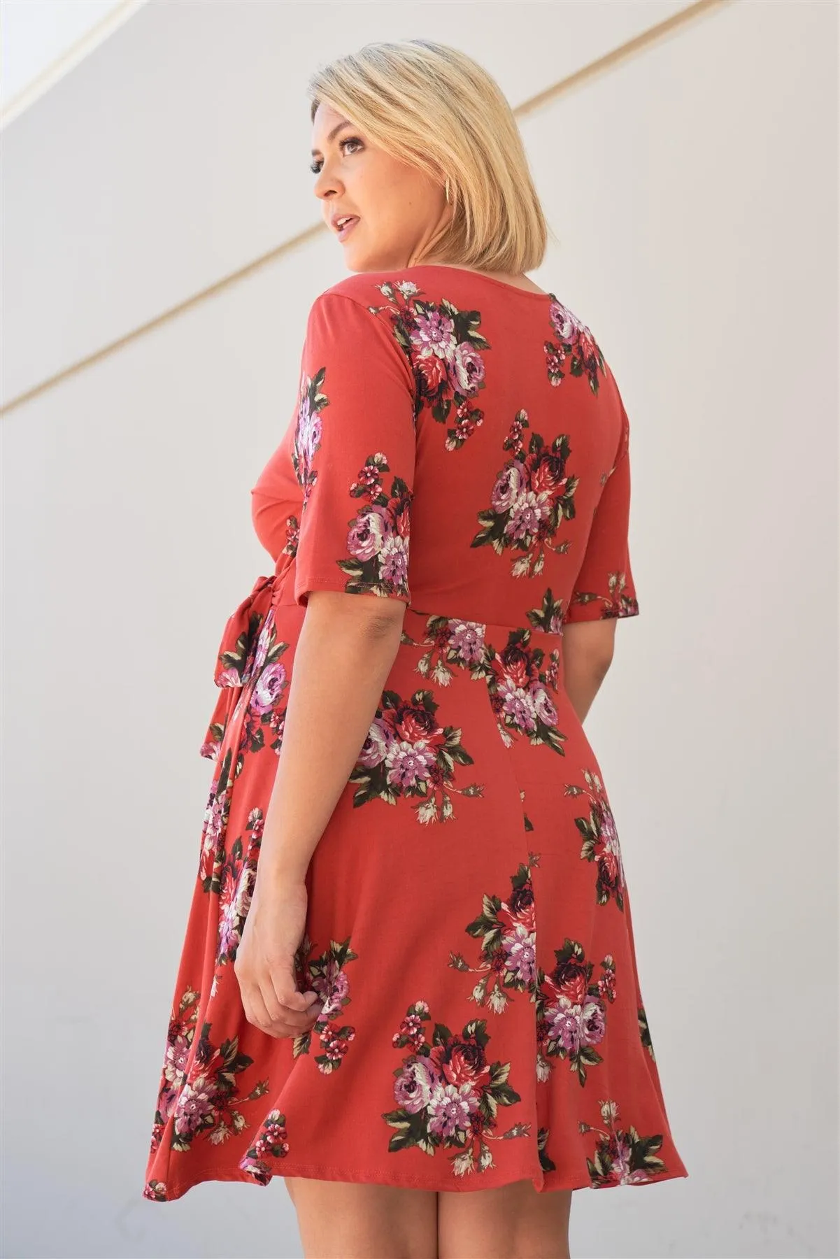 Junior Plus Size Rust Floral Print Mock Wrap Casual V-Neck Mini Dress /1-2-2-1
