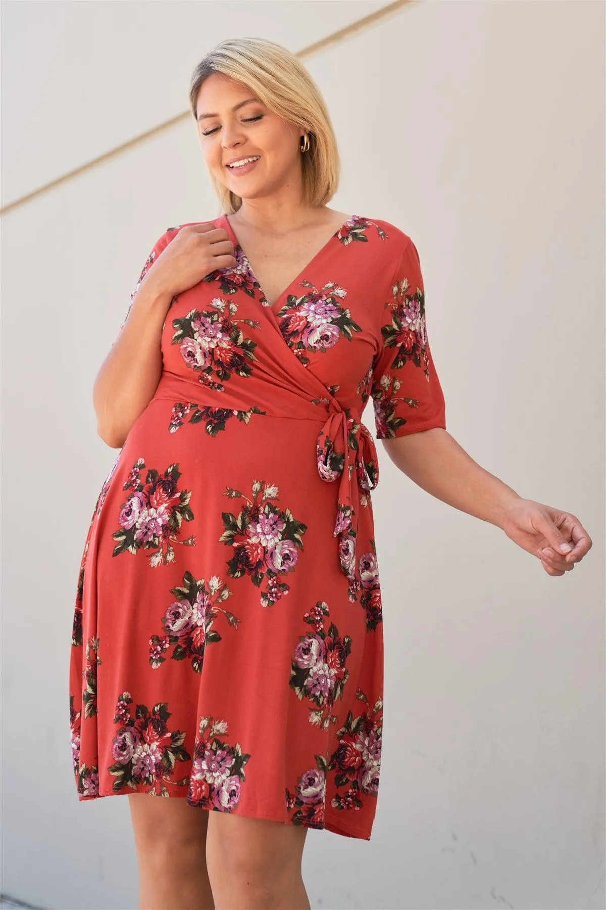 Junior Plus Size Rust Floral Print Mock Wrap Casual V-Neck Mini Dress /1-2-2-1