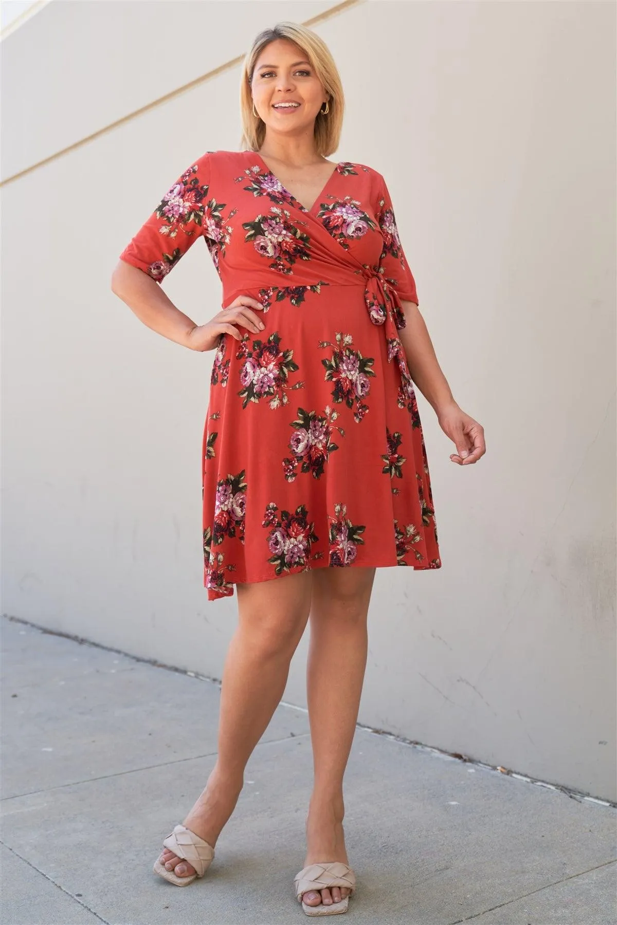 Junior Plus Size Rust Floral Print Mock Wrap Casual V-Neck Mini Dress /1-2-2-1