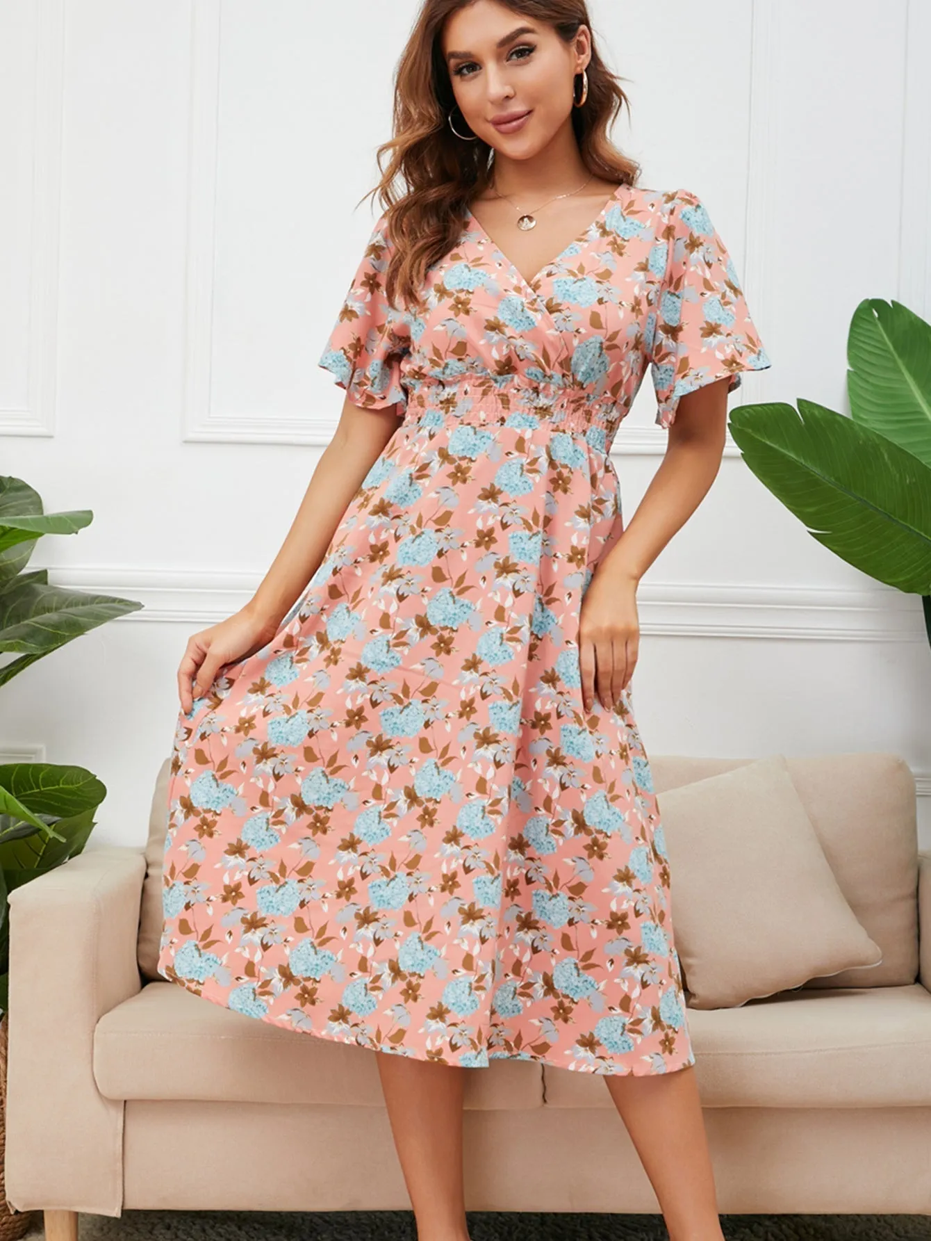 KittenAlarm - Disty Floral Smocked Waist Back Detail Dress