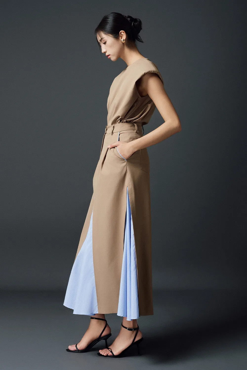 Lavender Gored High Waist Khaki Midi Skirt
