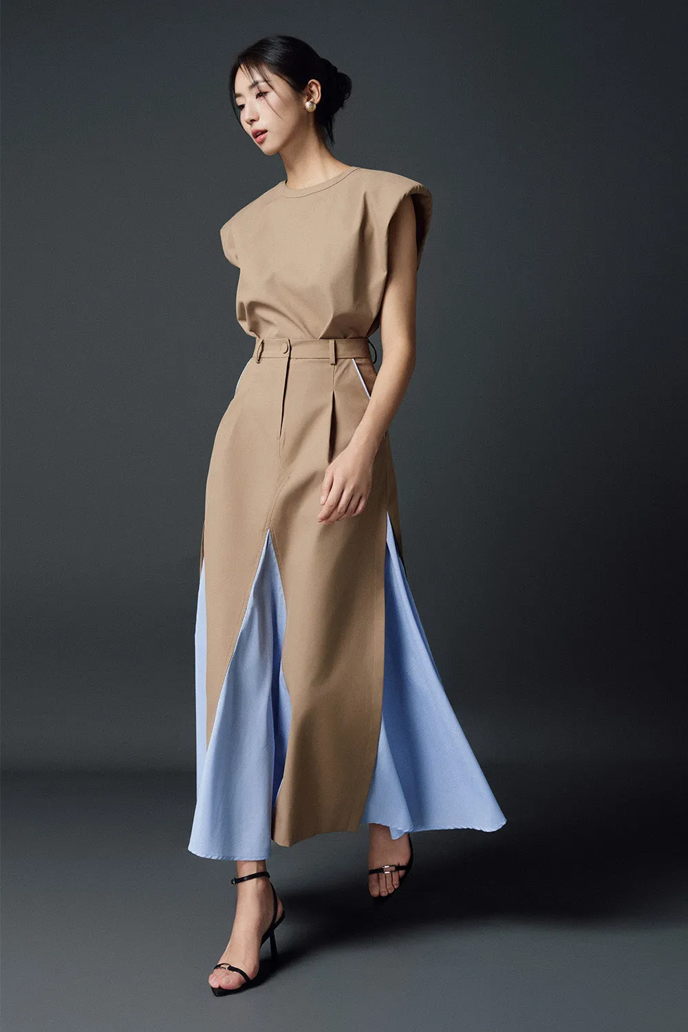 Lavender Gored High Waist Khaki Midi Skirt