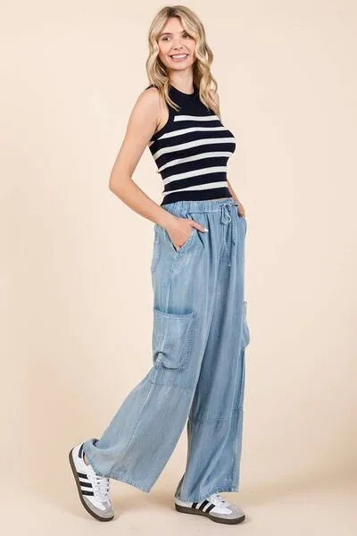 Lightweight Tencel Wide Leg Cargo Pants – Elastic Waist Drawstring