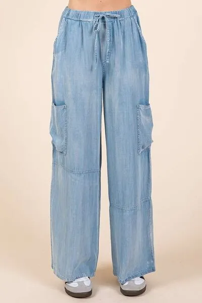 Lightweight Tencel Wide Leg Cargo Pants – Elastic Waist Drawstring