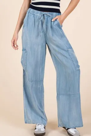 Lightweight Tencel Wide Leg Cargo Pants – Elastic Waist Drawstring