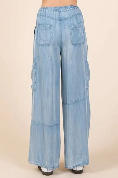 Lightweight Tencel Wide Leg Cargo Pants – Elastic Waist Drawstring