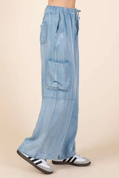 Lightweight Tencel Wide Leg Cargo Pants – Elastic Waist Drawstring