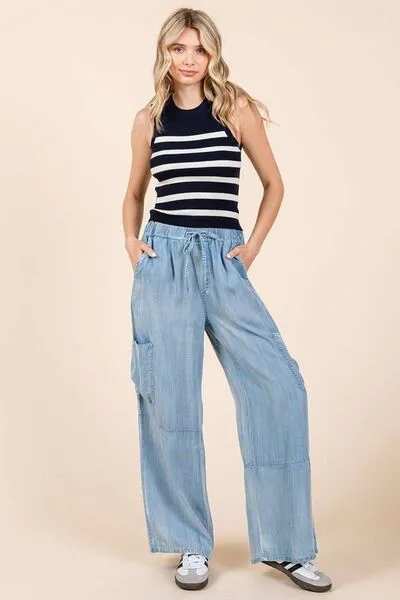 Lightweight Tencel Wide Leg Cargo Pants – Elastic Waist Drawstring