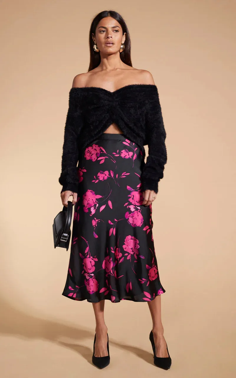 LOTUS SKIRT (PINK ON BLACK FLORAL)