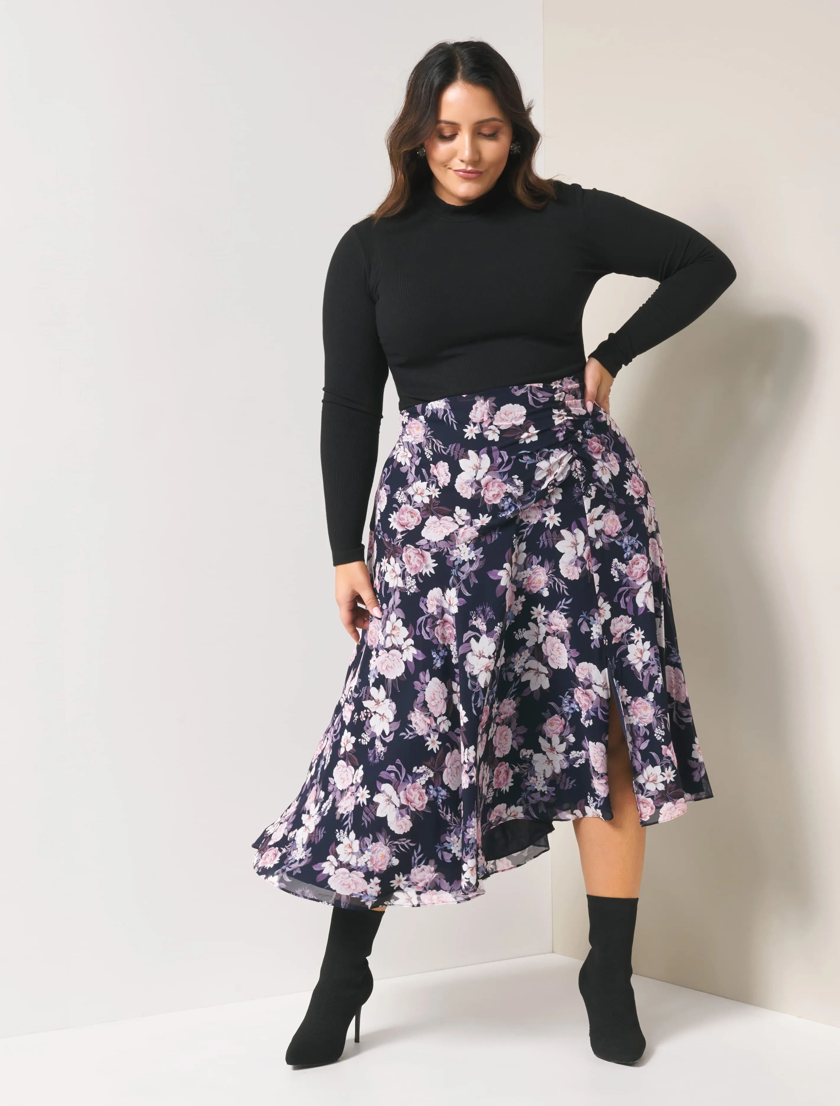 Louise Ruched Asymm Curve Midi Skirt