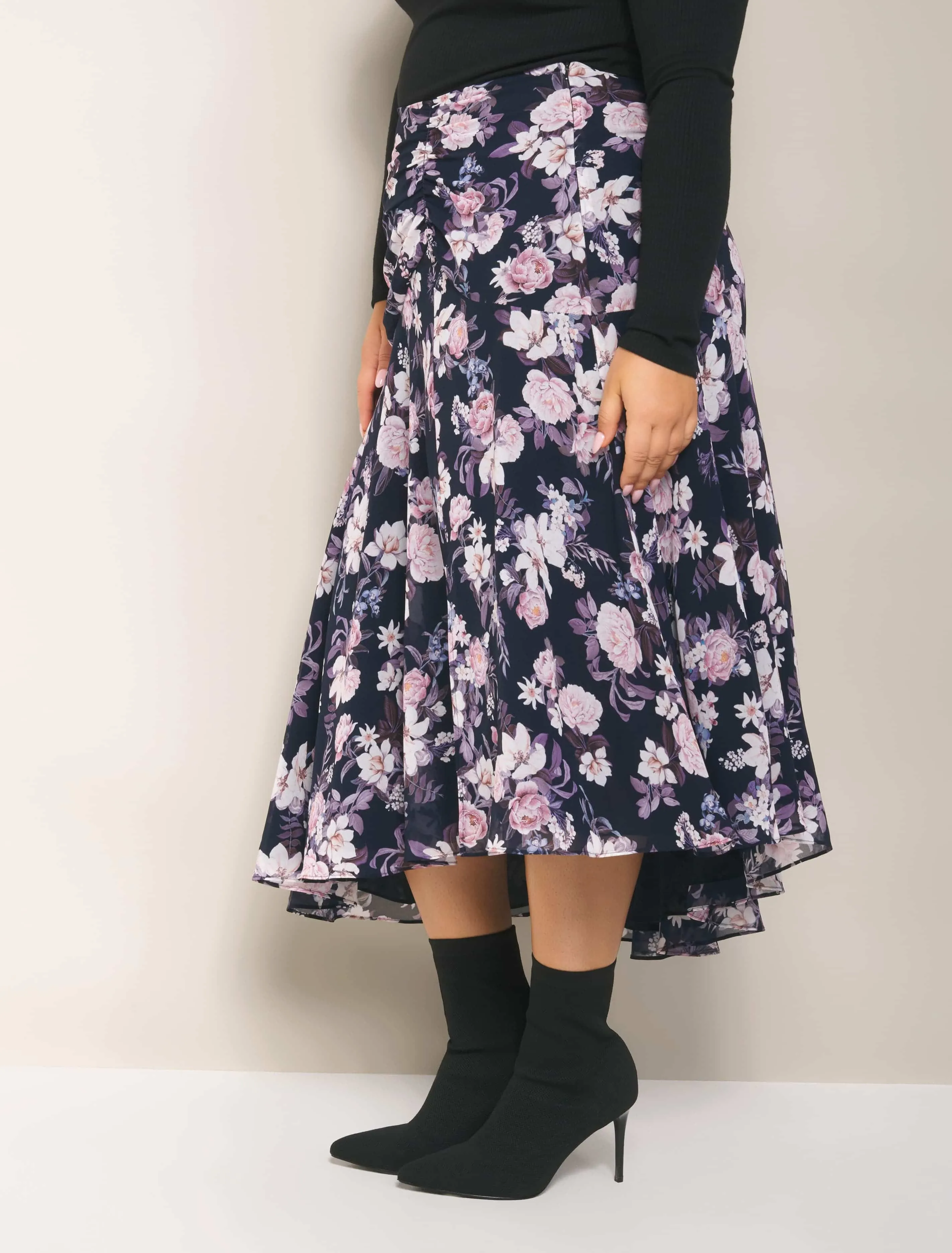 Louise Ruched Asymm Curve Midi Skirt