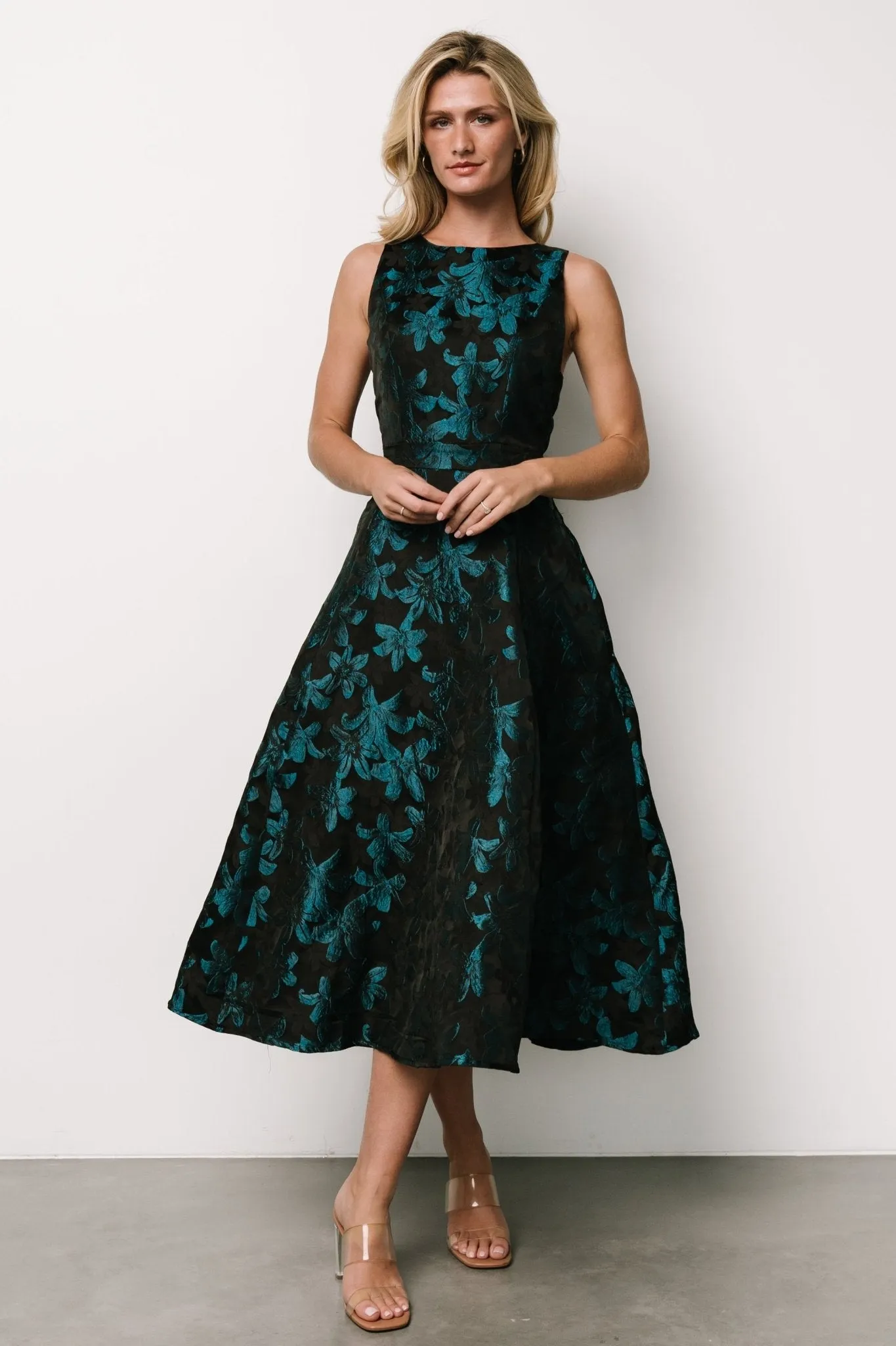 Maren Embossed Midi Dress | Black   Teal Floral