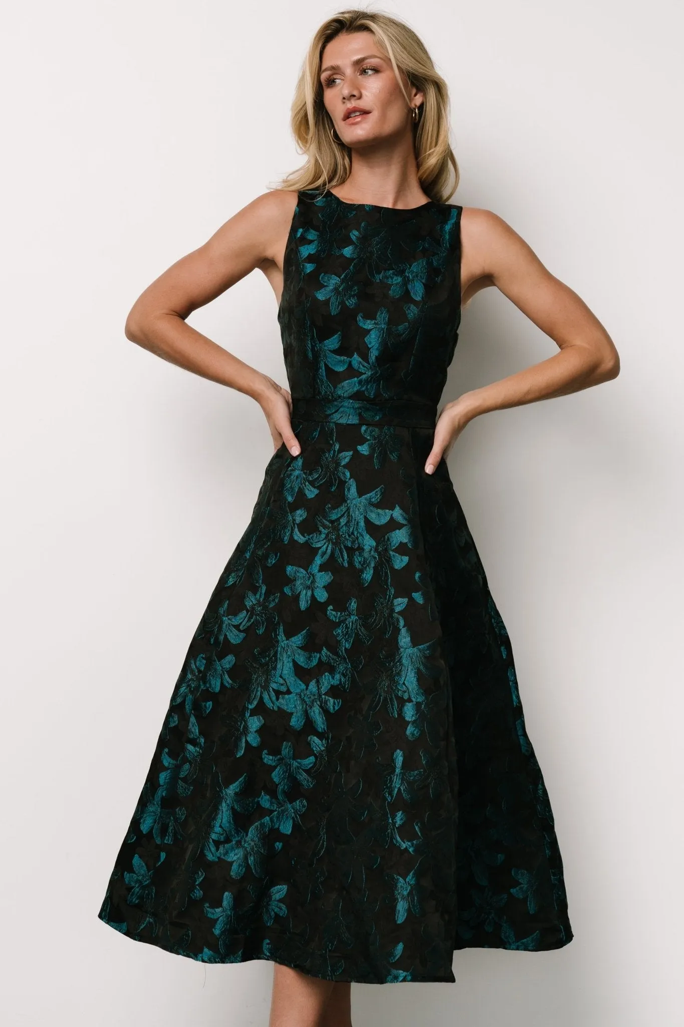 Maren Embossed Midi Dress | Black   Teal Floral