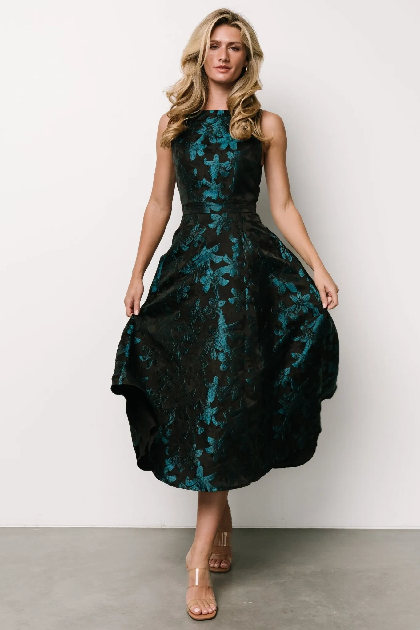 Maren Embossed Midi Dress | Black   Teal Floral
