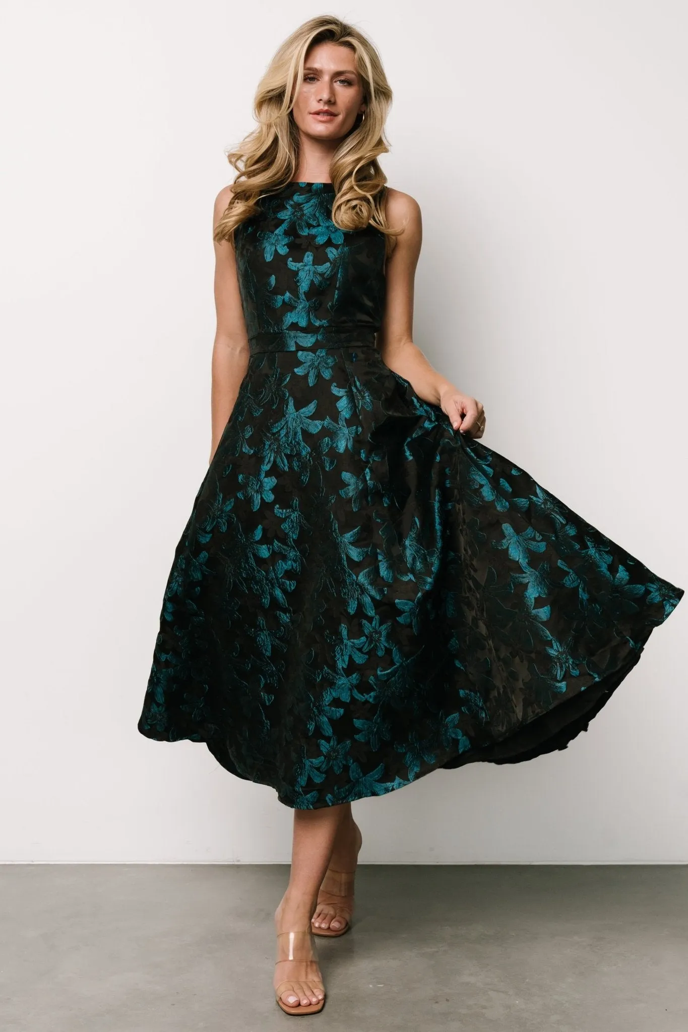 Maren Embossed Midi Dress | Black   Teal Floral