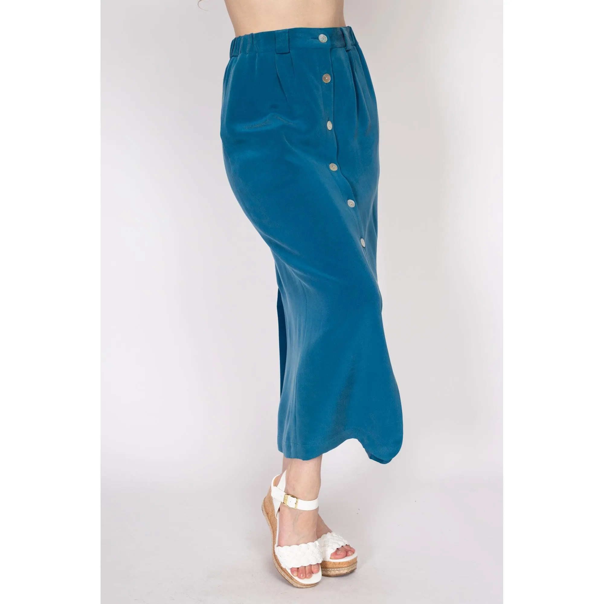 Medium 90s Blue Silk Abalone Button Maxi Skirt