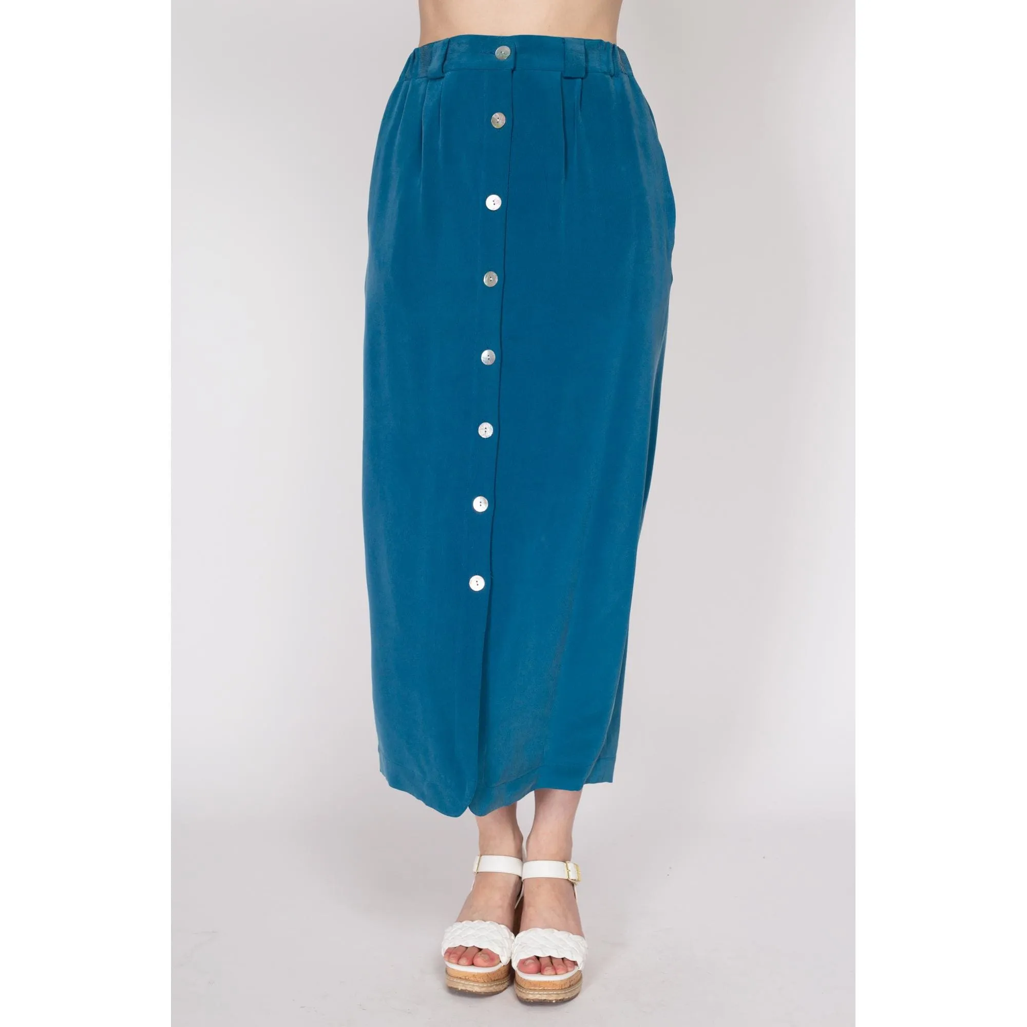Medium 90s Blue Silk Abalone Button Maxi Skirt