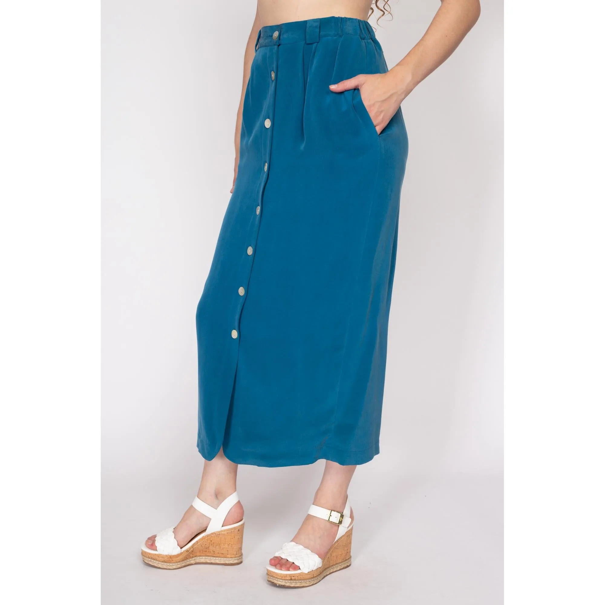 Medium 90s Blue Silk Abalone Button Maxi Skirt