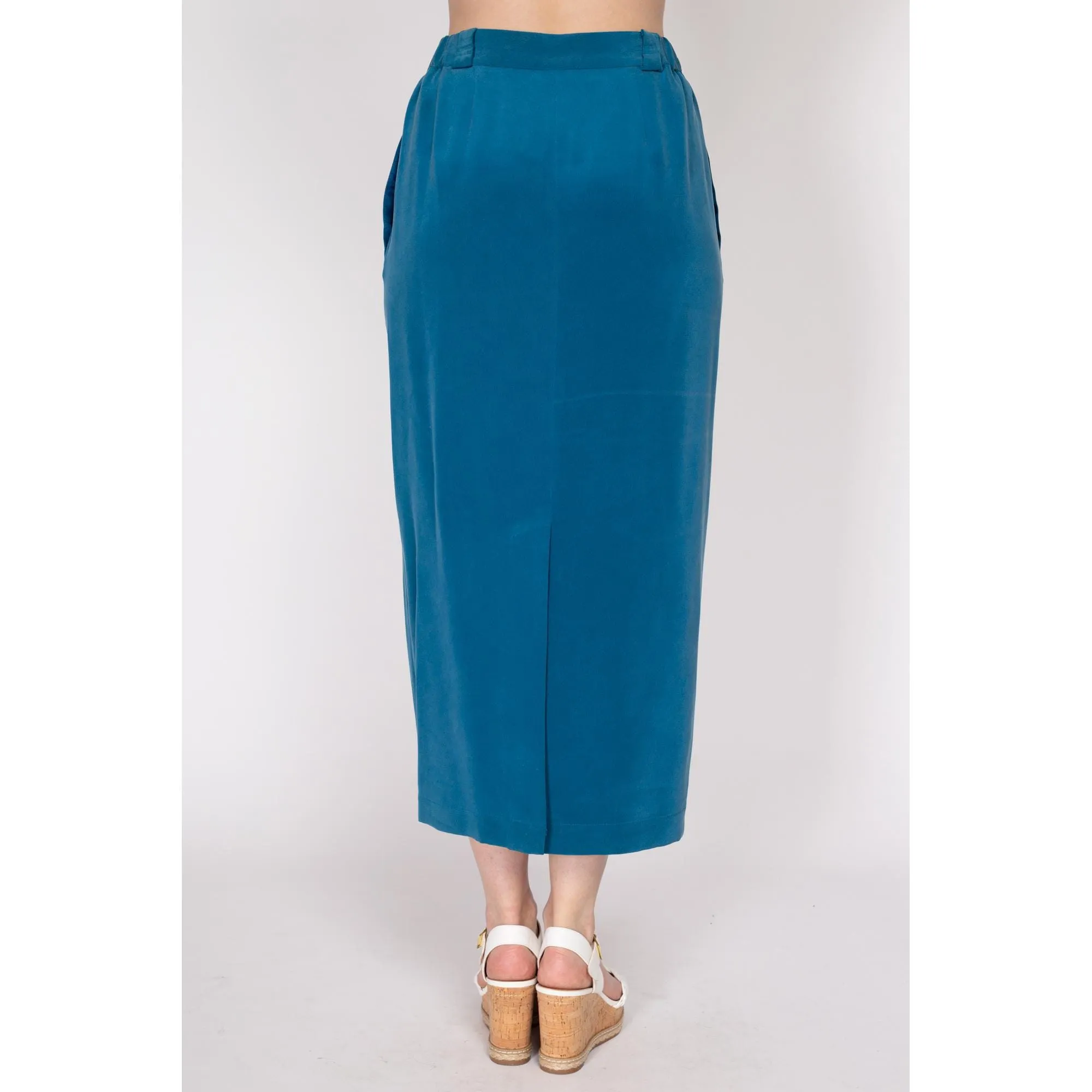 Medium 90s Blue Silk Abalone Button Maxi Skirt