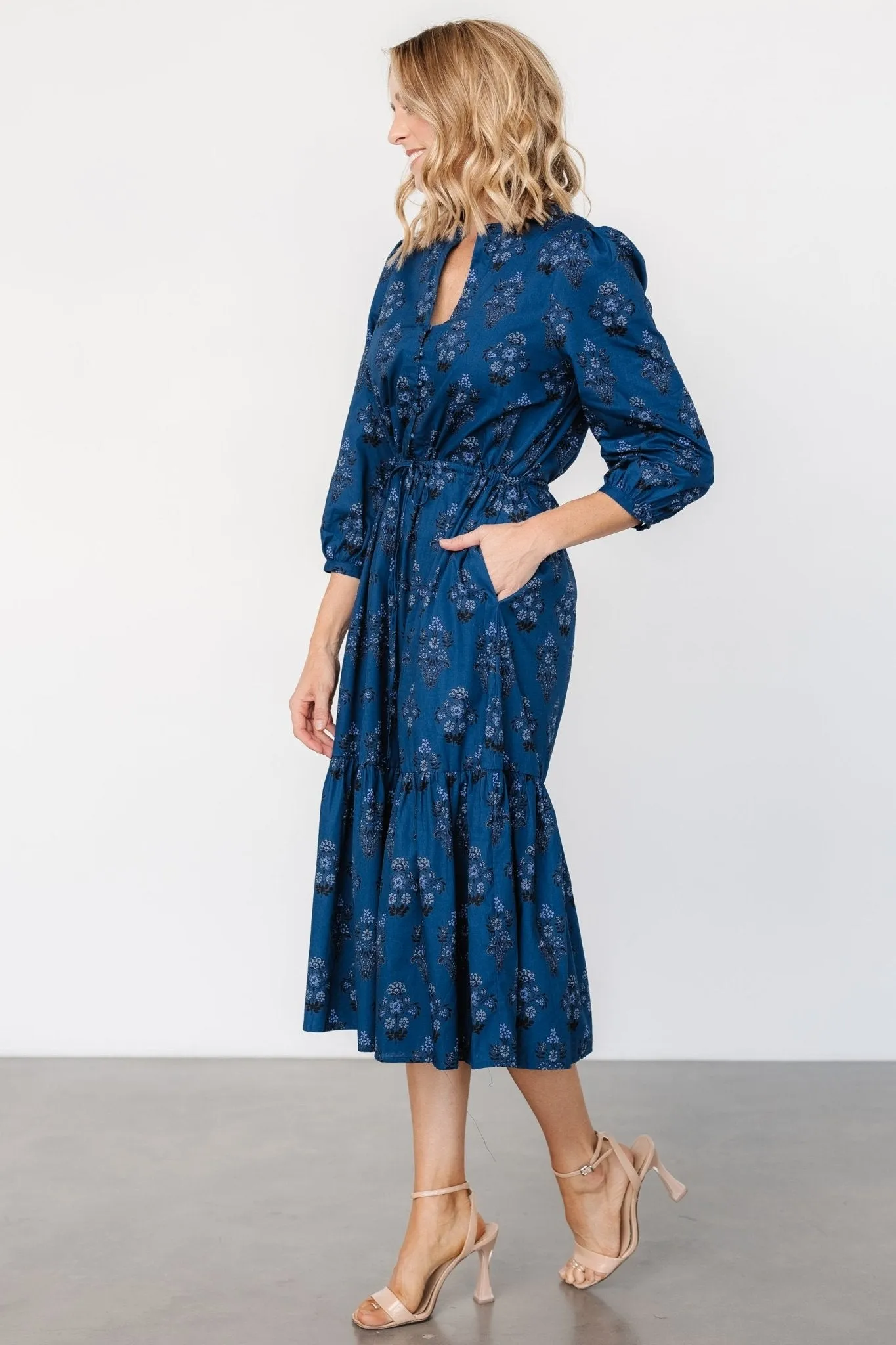 Mira Midi Dress | Deep Blue Print