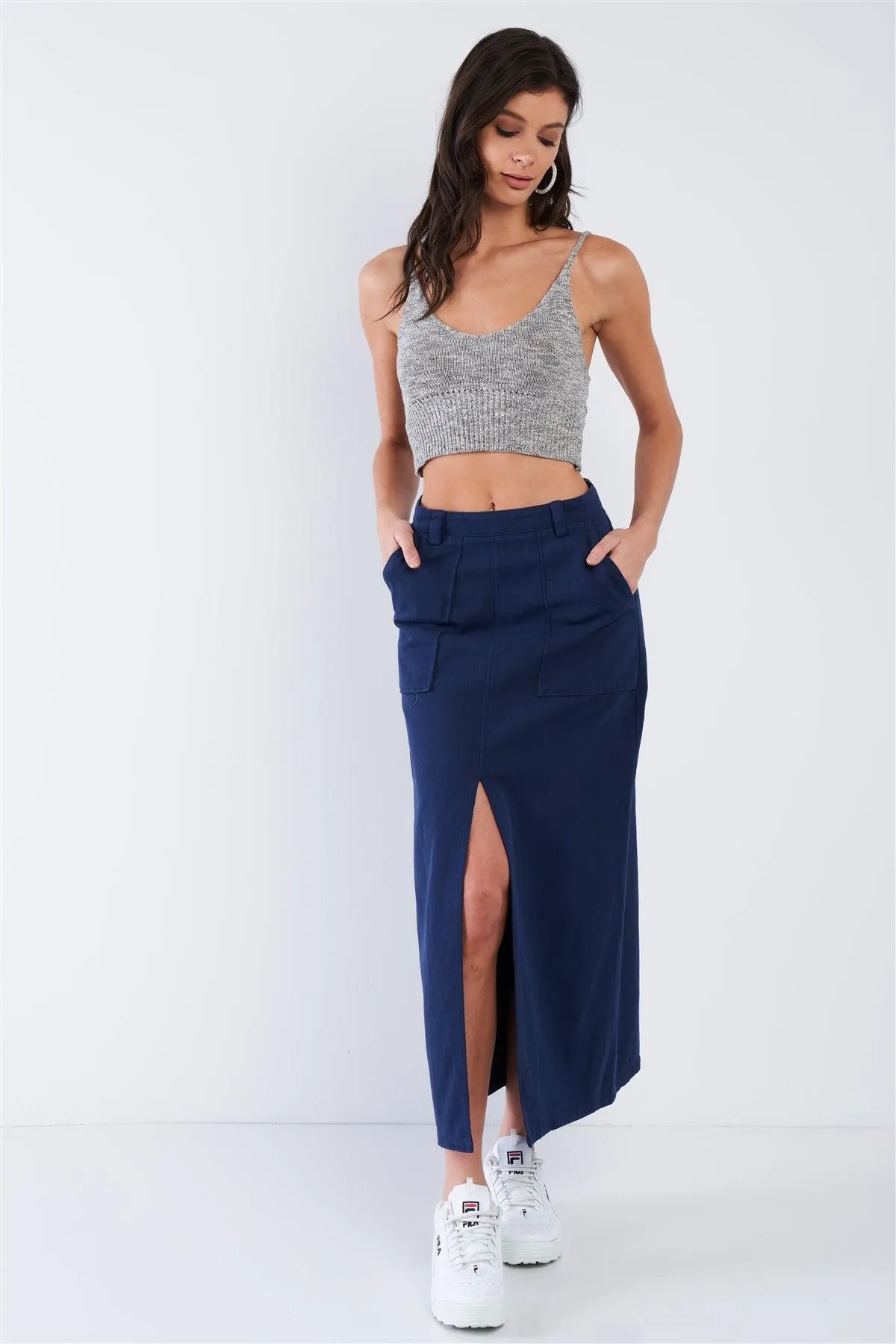 Navy Blue Denim Midi Center Slit High Waist Casual Skirt /2-2-2
