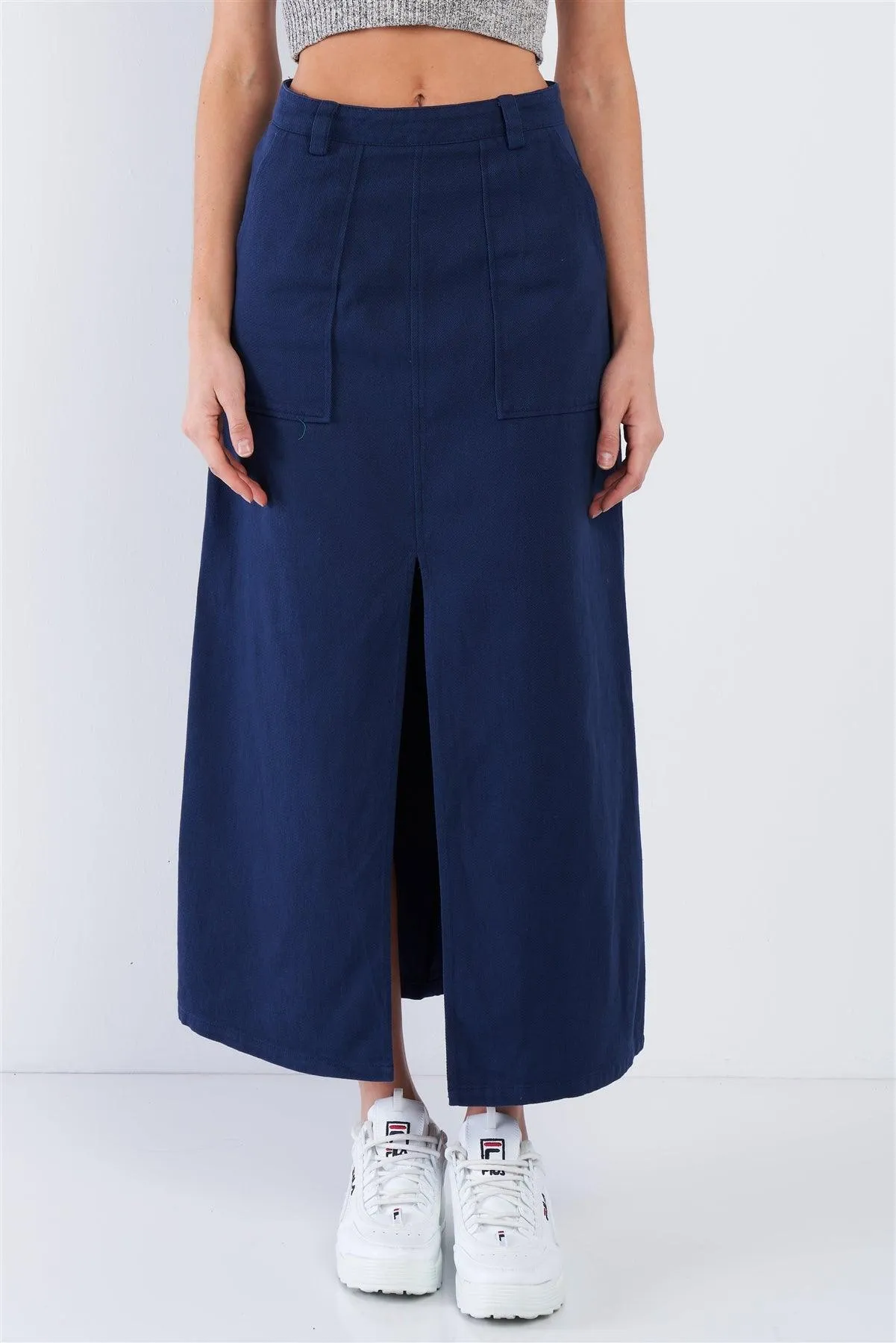Navy Blue Denim Midi Center Slit High Waist Casual Skirt /2-2-2