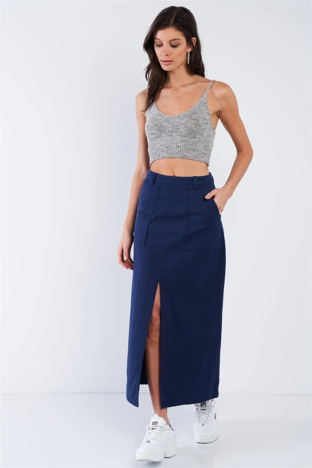 Navy Blue Denim Midi Center Slit High Waist Casual Skirt /2-2-2