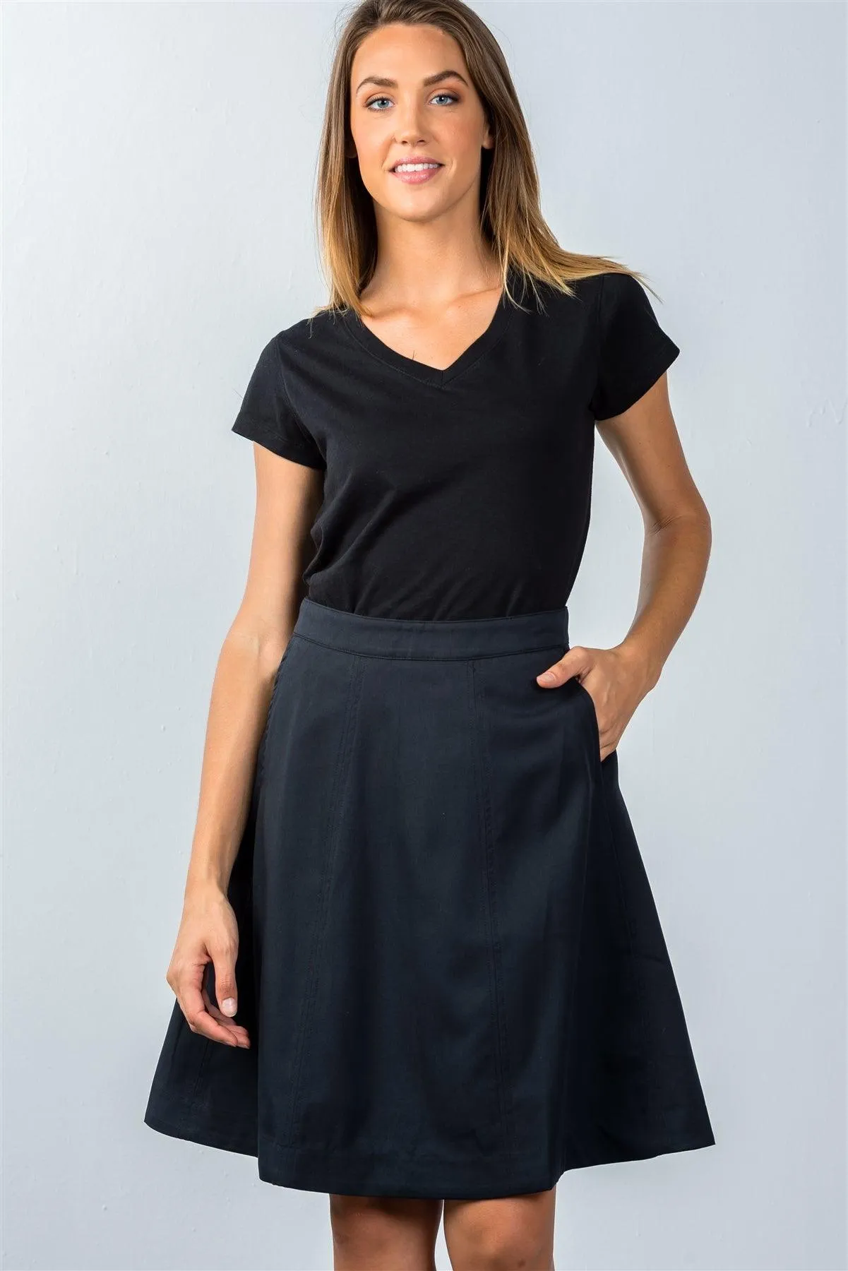 Navy Knee-Length Midi Skirt With Side Pockets / 4-4