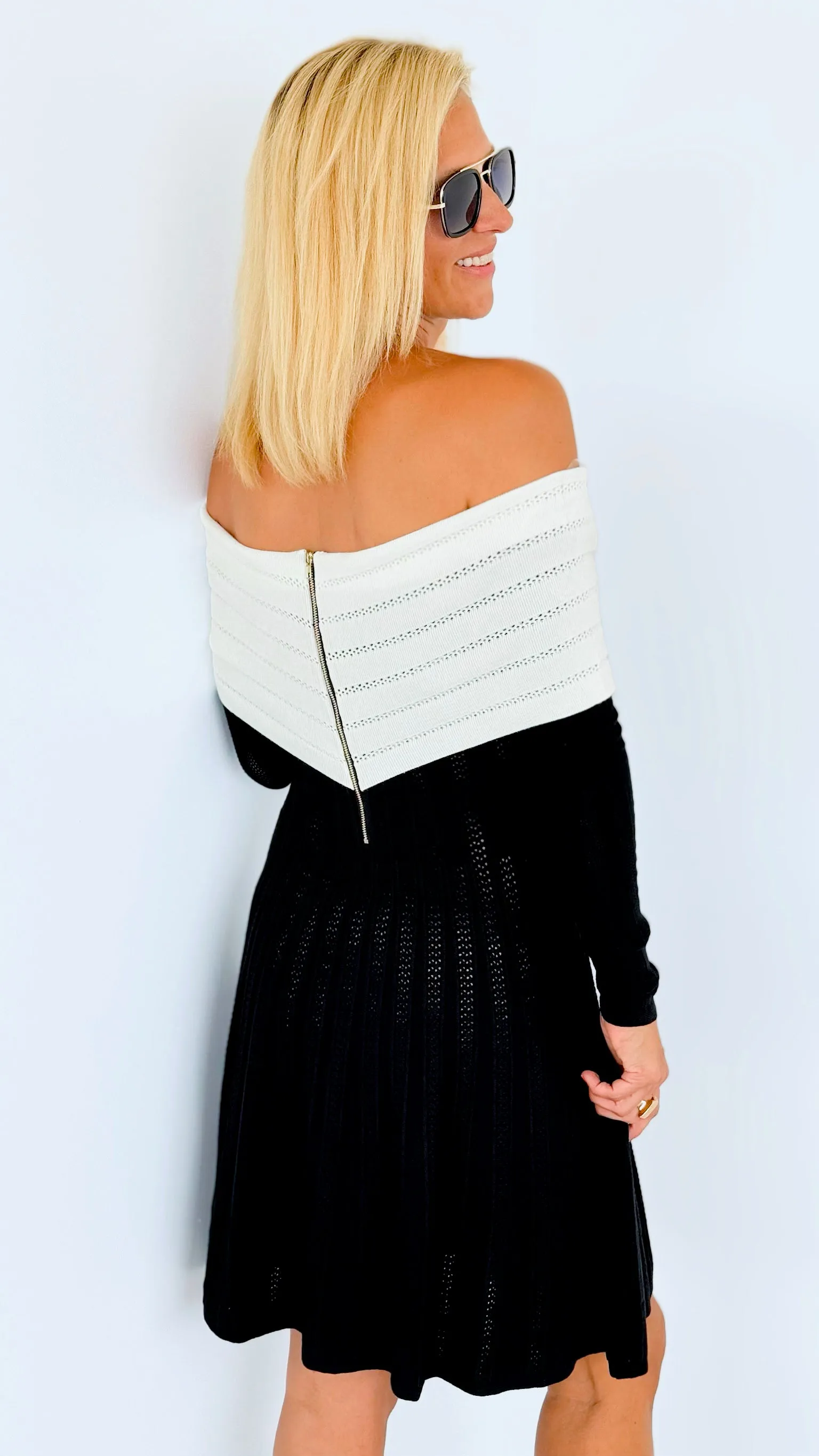 Off Shoulder Contrast Knit Mini Dress