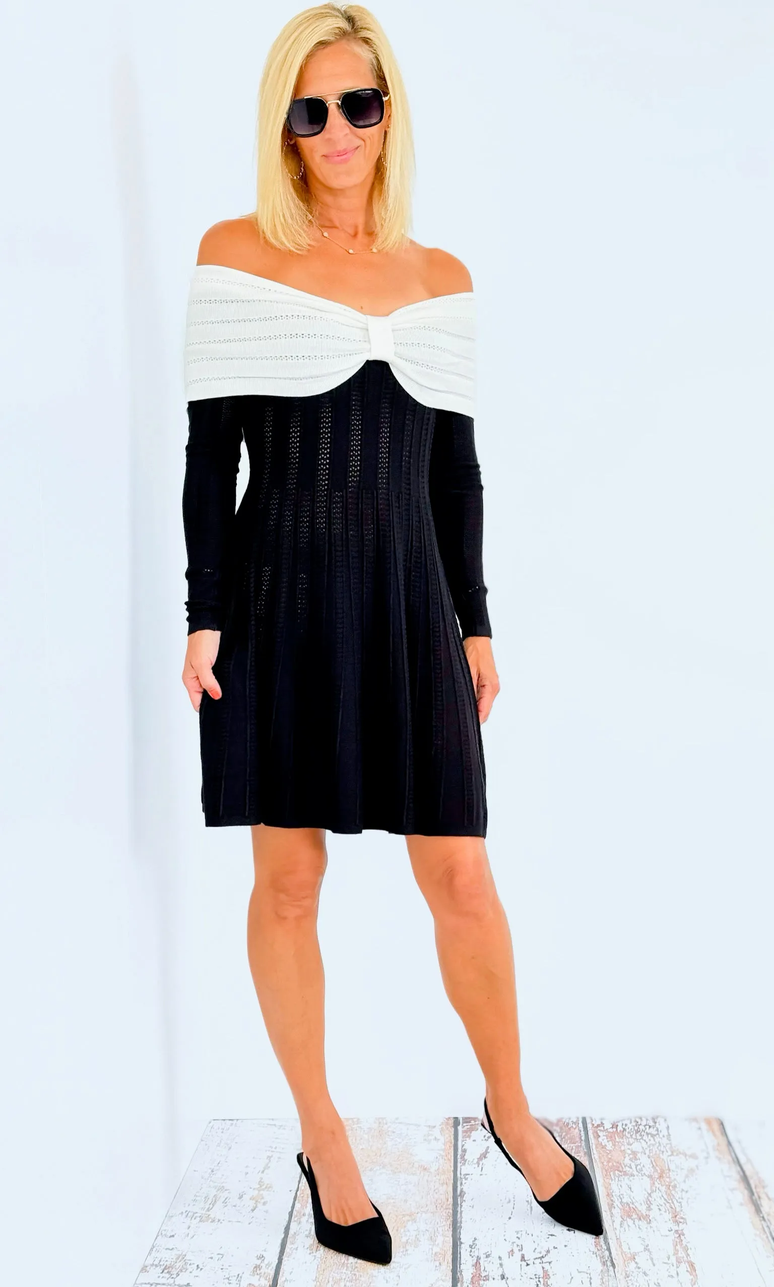 Off Shoulder Contrast Knit Mini Dress