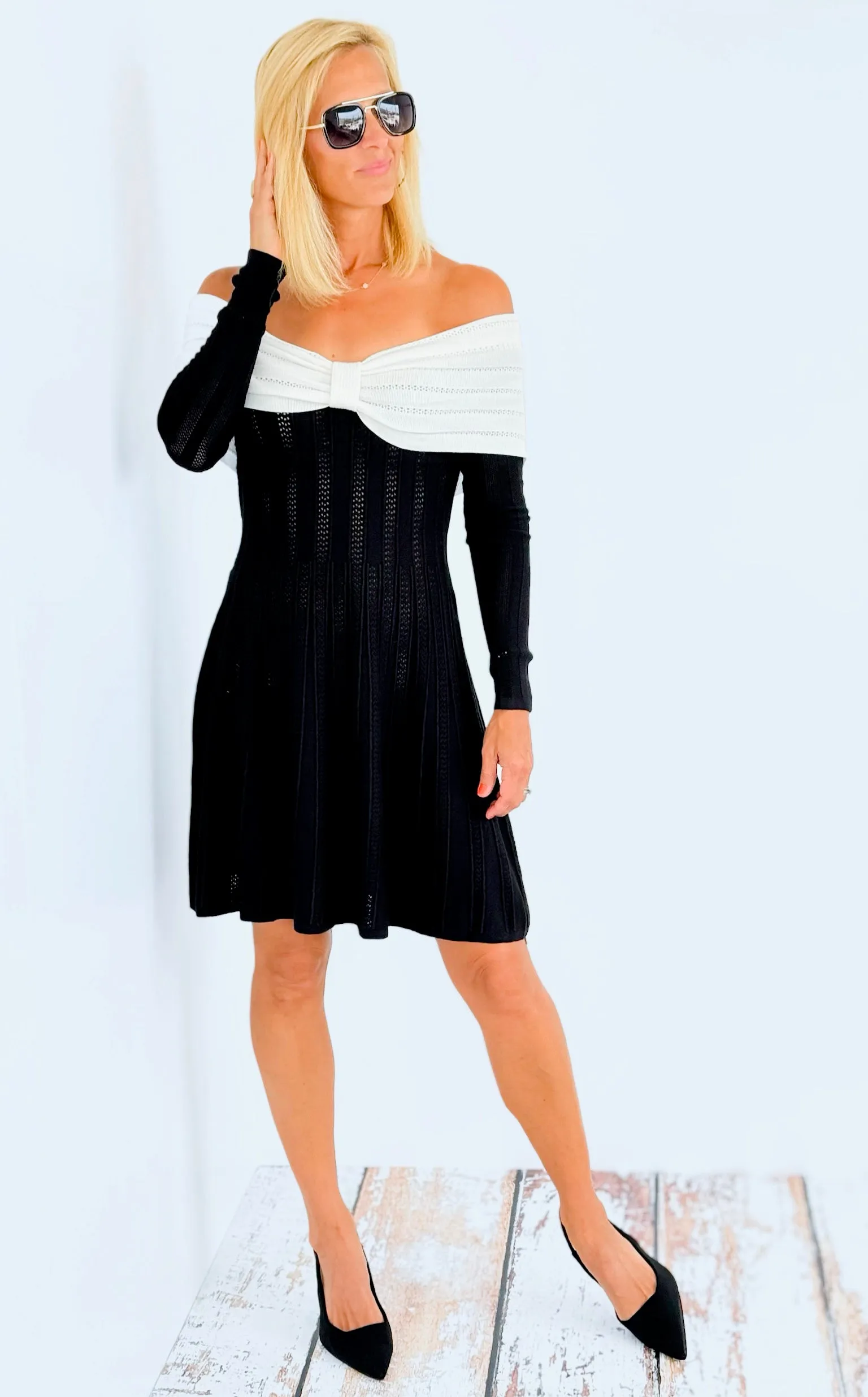 Off Shoulder Contrast Knit Mini Dress